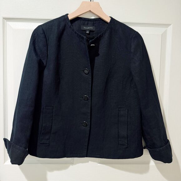Talbots 100% Linen Black Button Up Jacket Cuffs Minimal Neutral Pockets Chic 4 - Picture 1 of 12